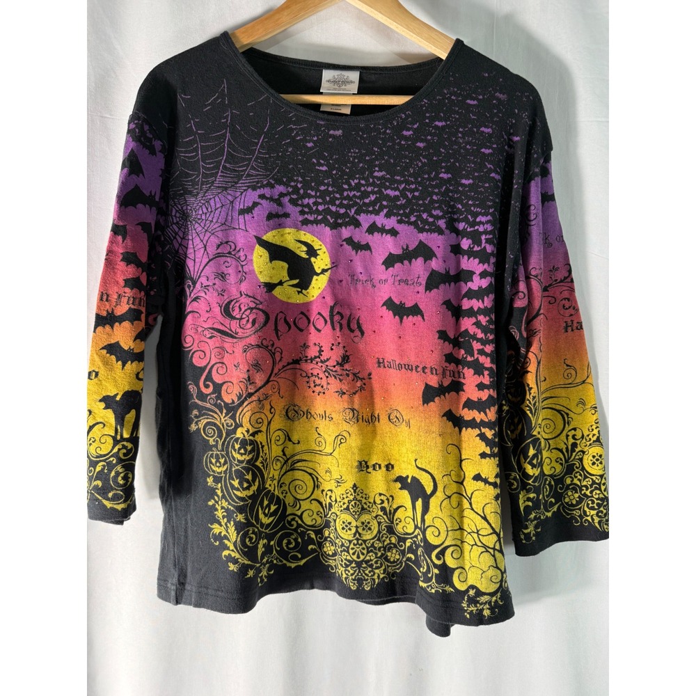 Studio Collection Halloween Shirt Womens XL Black Orange Ombre Witch Bats Cat